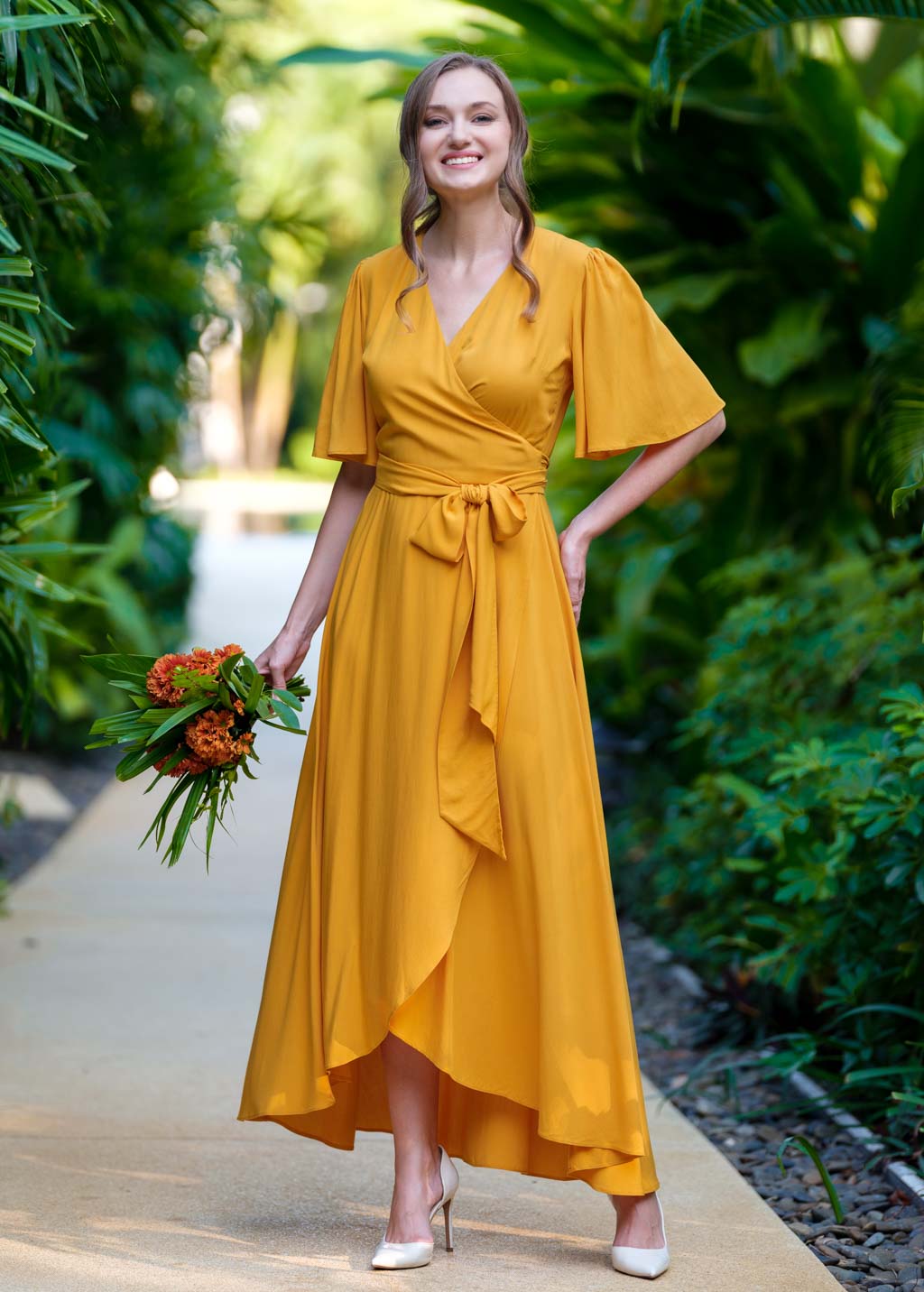 Honey yellow romantic wrap dress