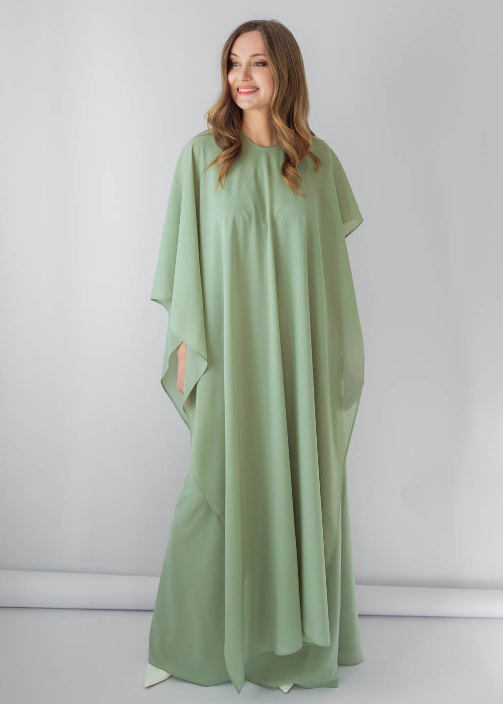 Sage Green Chiffon Long Dress with Cape