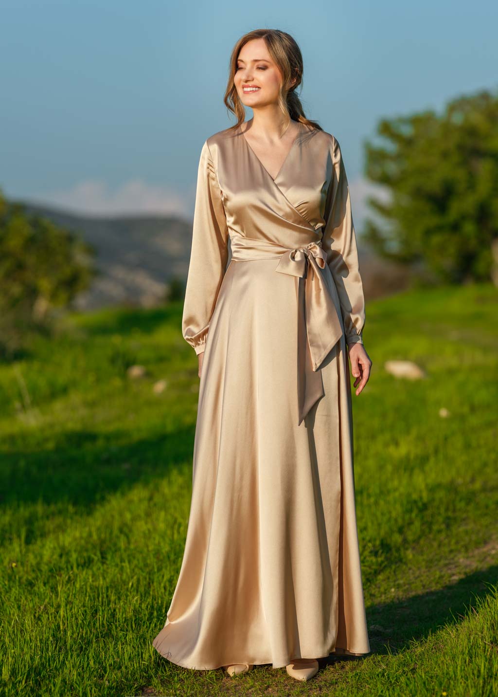 Champagne gold long silk wrap dress