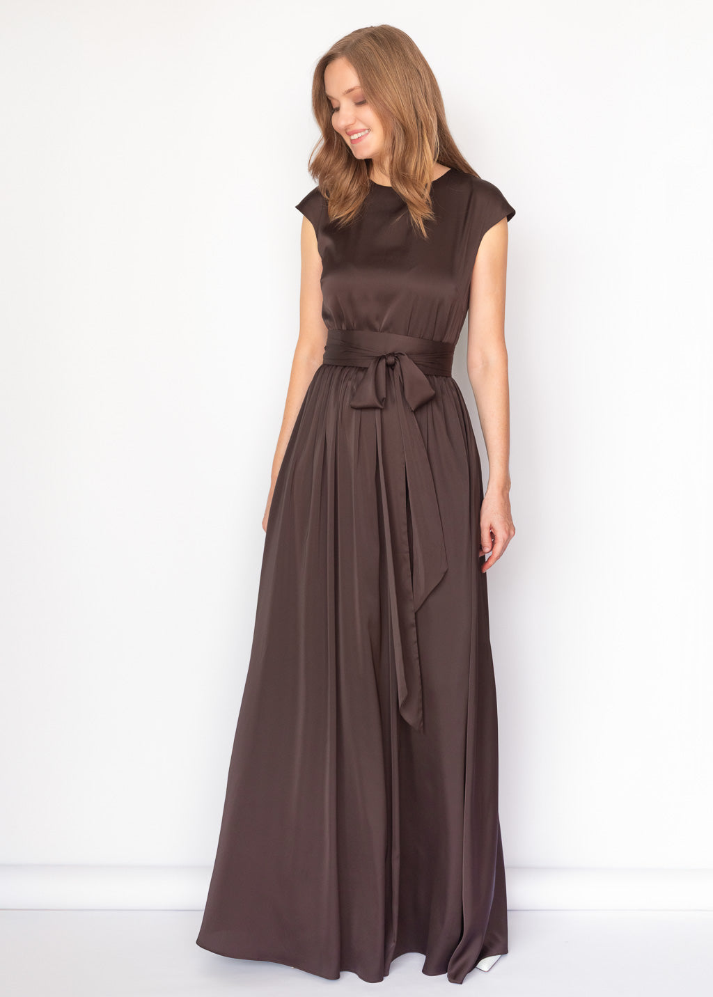 Chocolate Brown Silk Long Dress with Belt