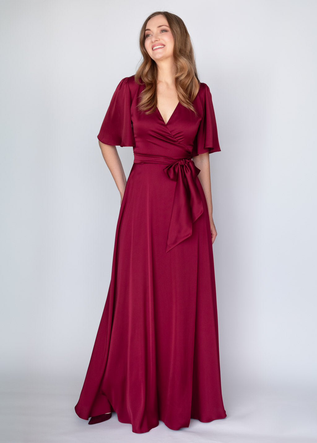 Burgundy Silk Wrap Long Dress
