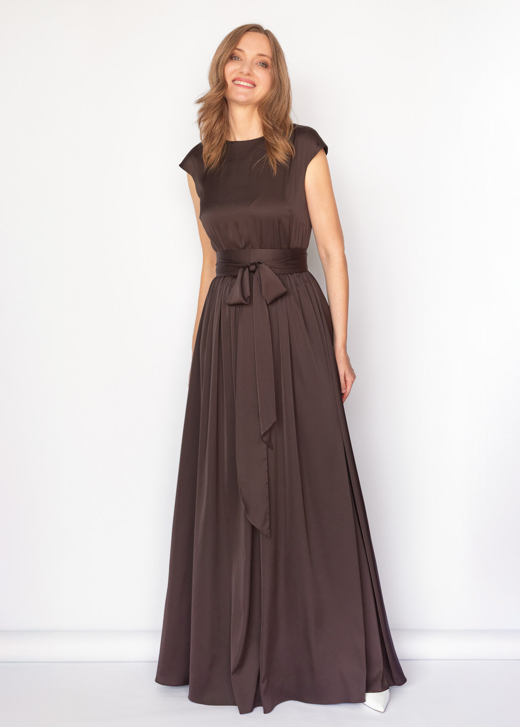 Chocolate Brown Silk Long Dress with Belt
