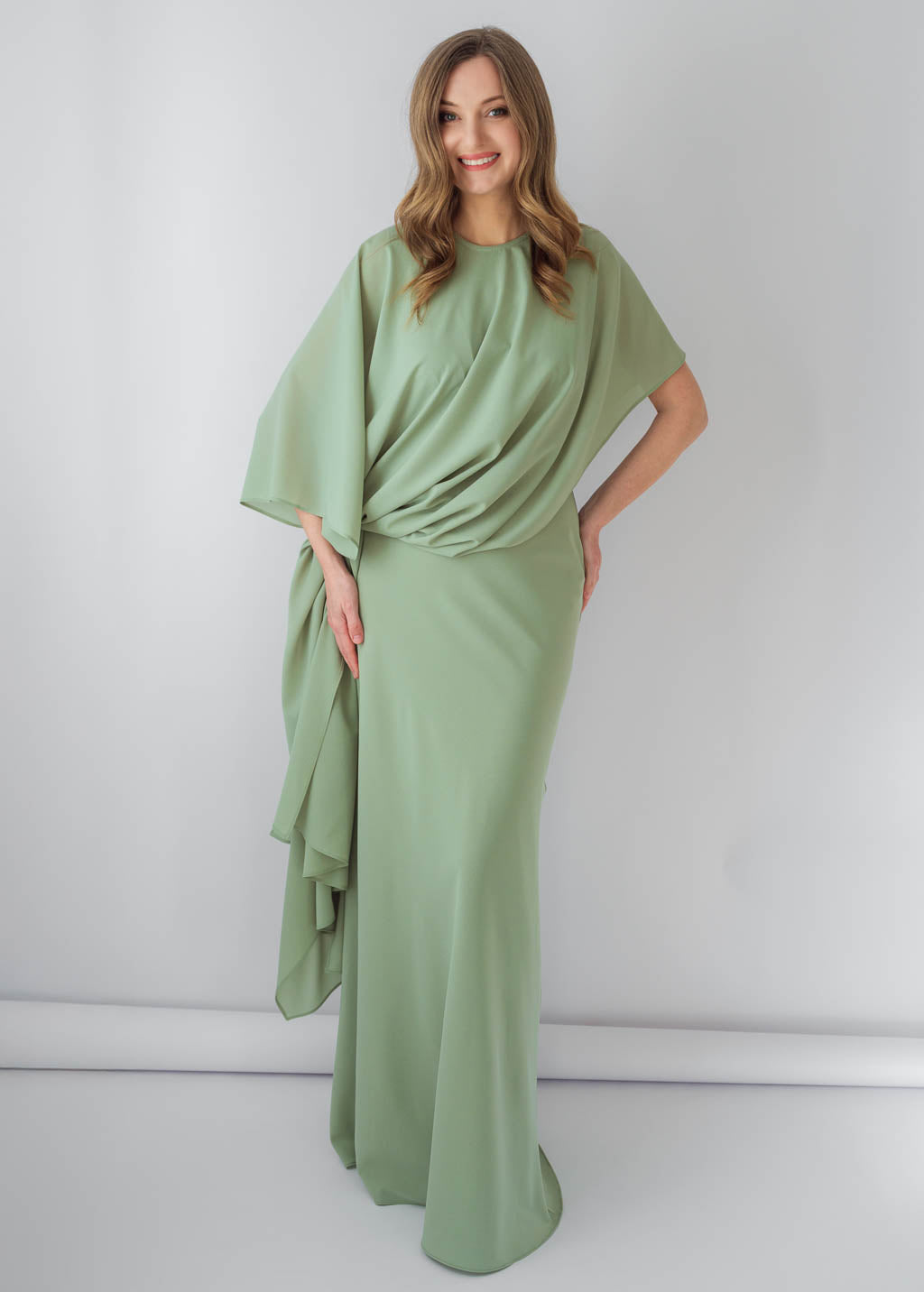 Sage Green Chiffon Long Dress with Cape