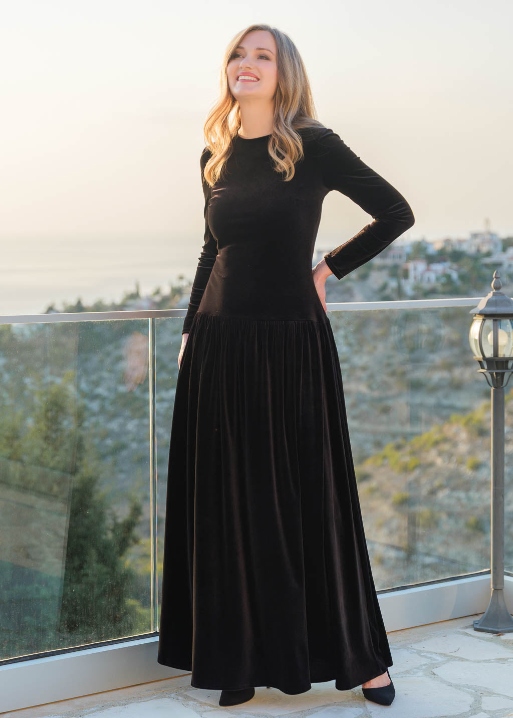 Velvet Maxi Dress with Low Waist & Handmade Flower in Black