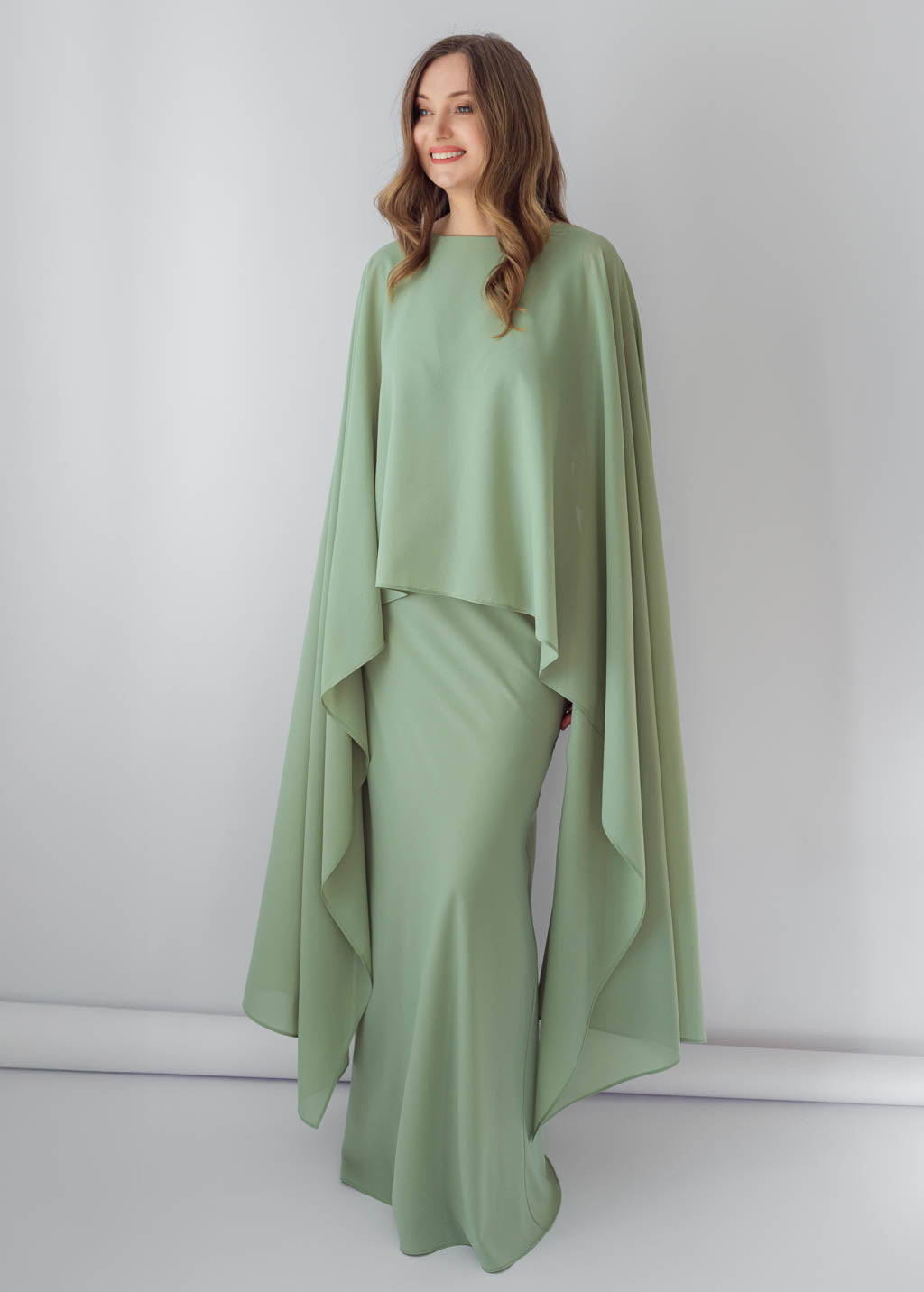 Sage Green Chiffon Long Dress with Cape