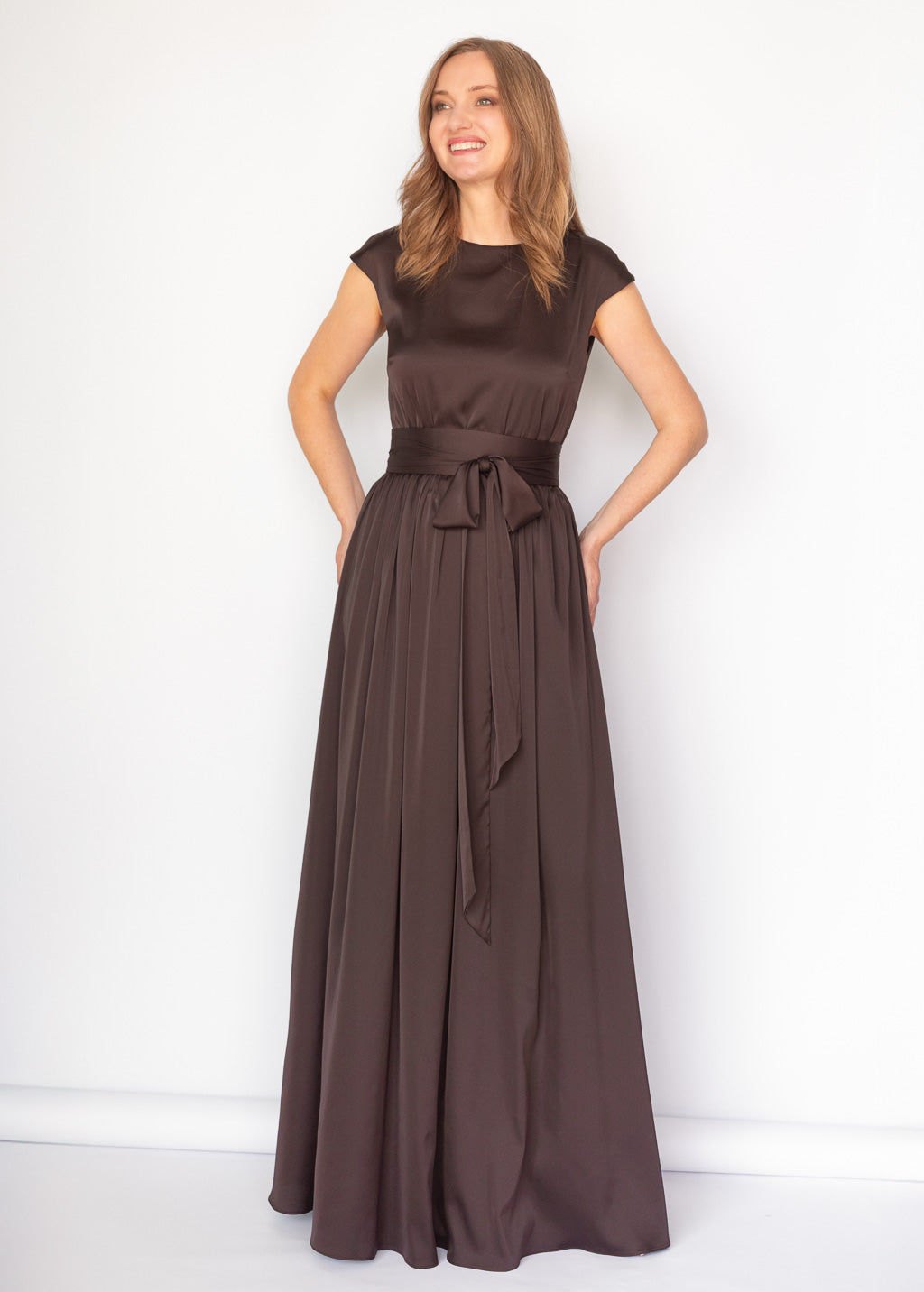 Chocolate Brown Silk Long Dress with Belt