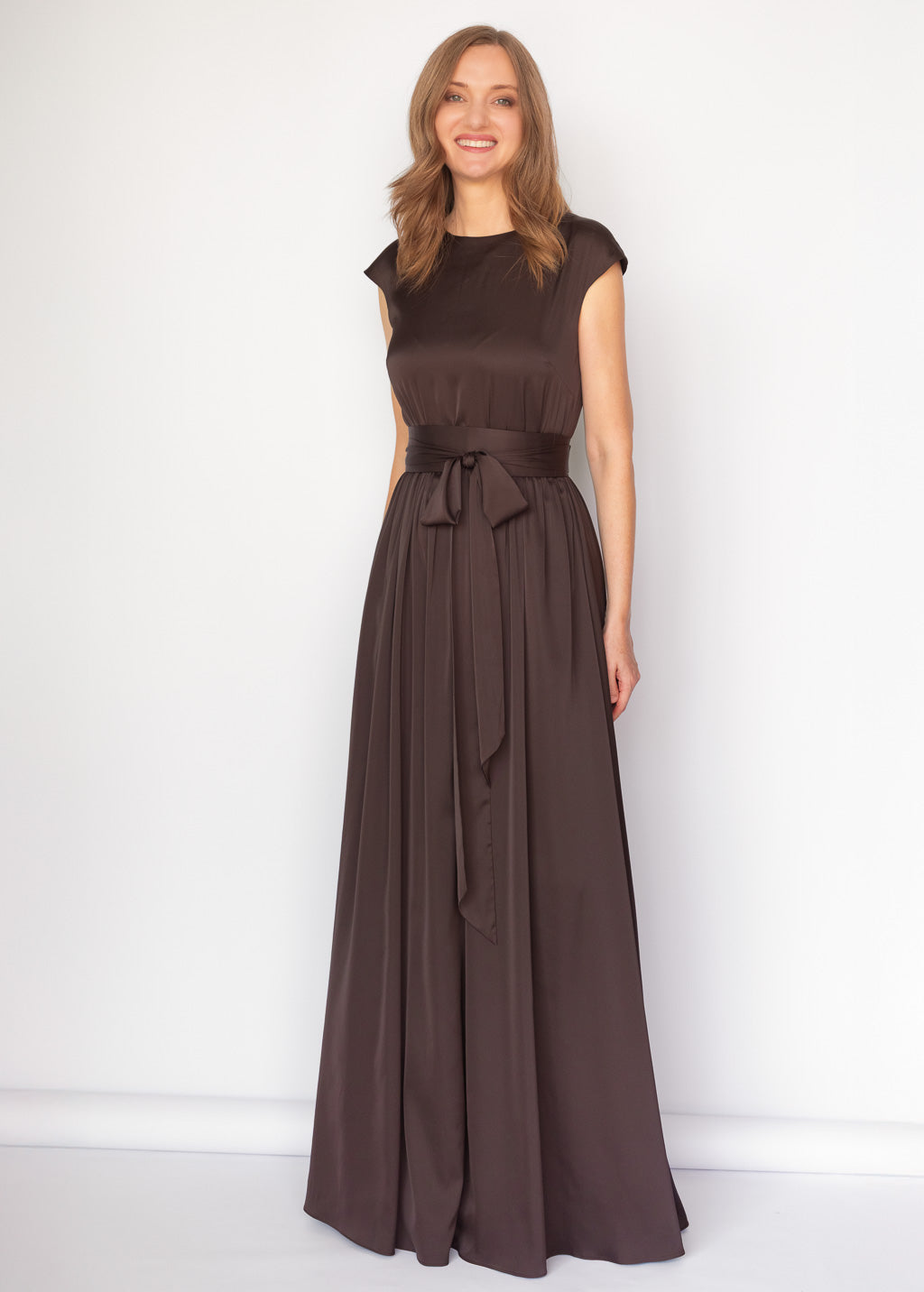 Chocolate Brown Silk Long Dress with Belt