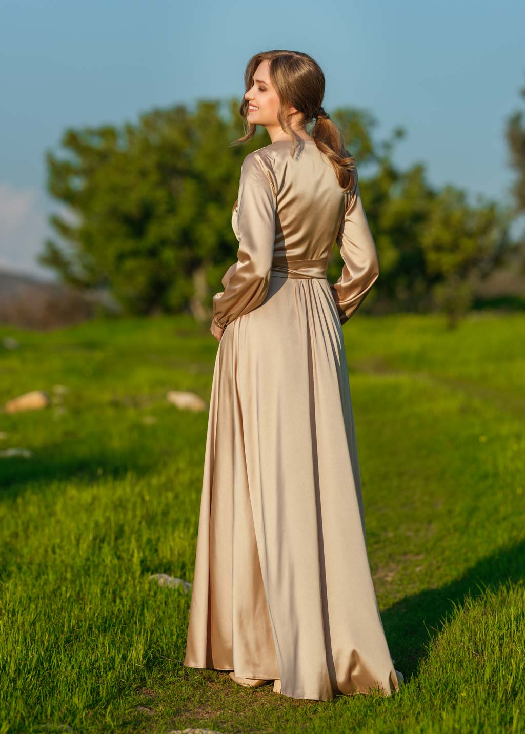 Champagne gold long silk wrap dress
