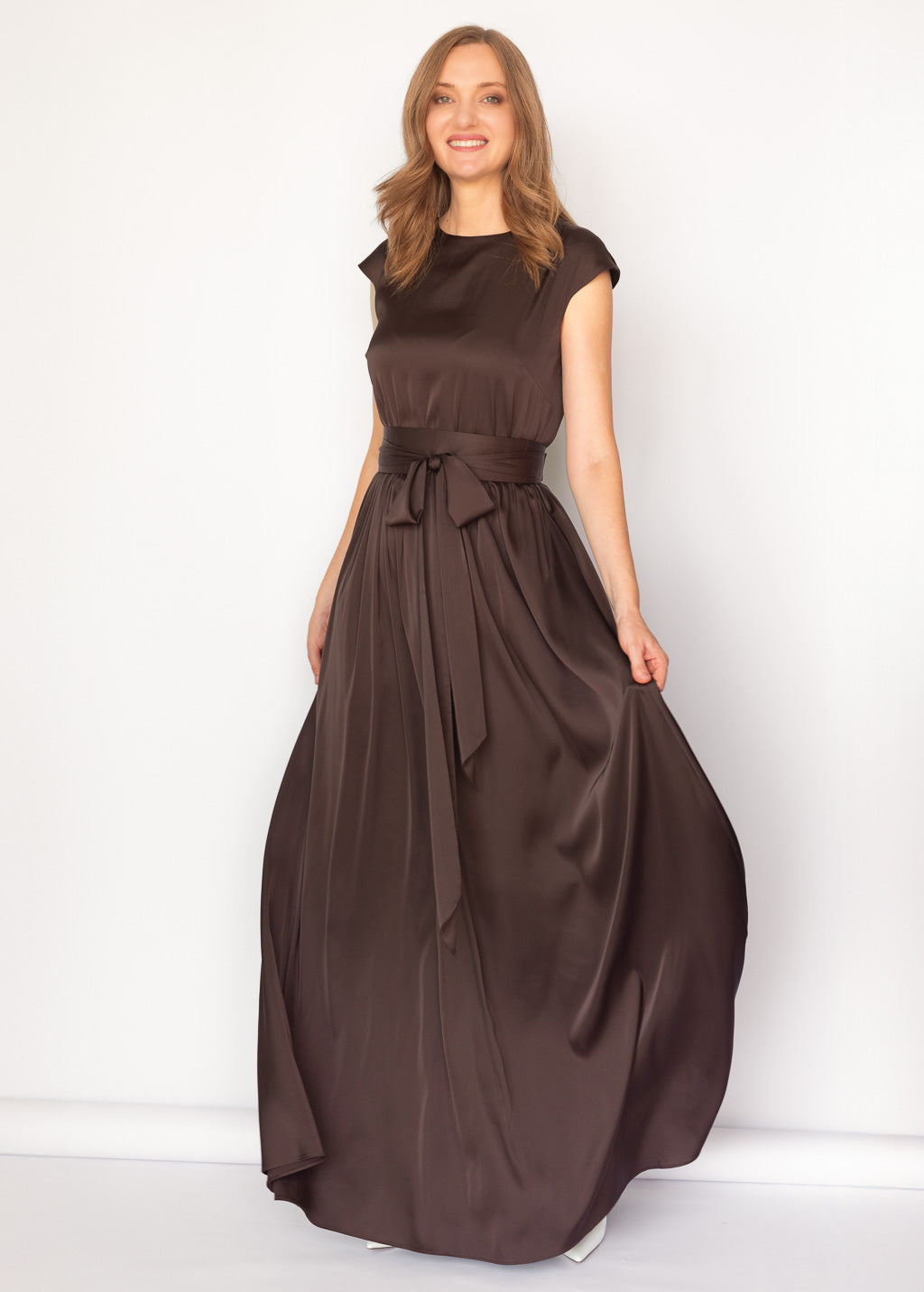 Chocolate Brown Silk Long Dress with Belt