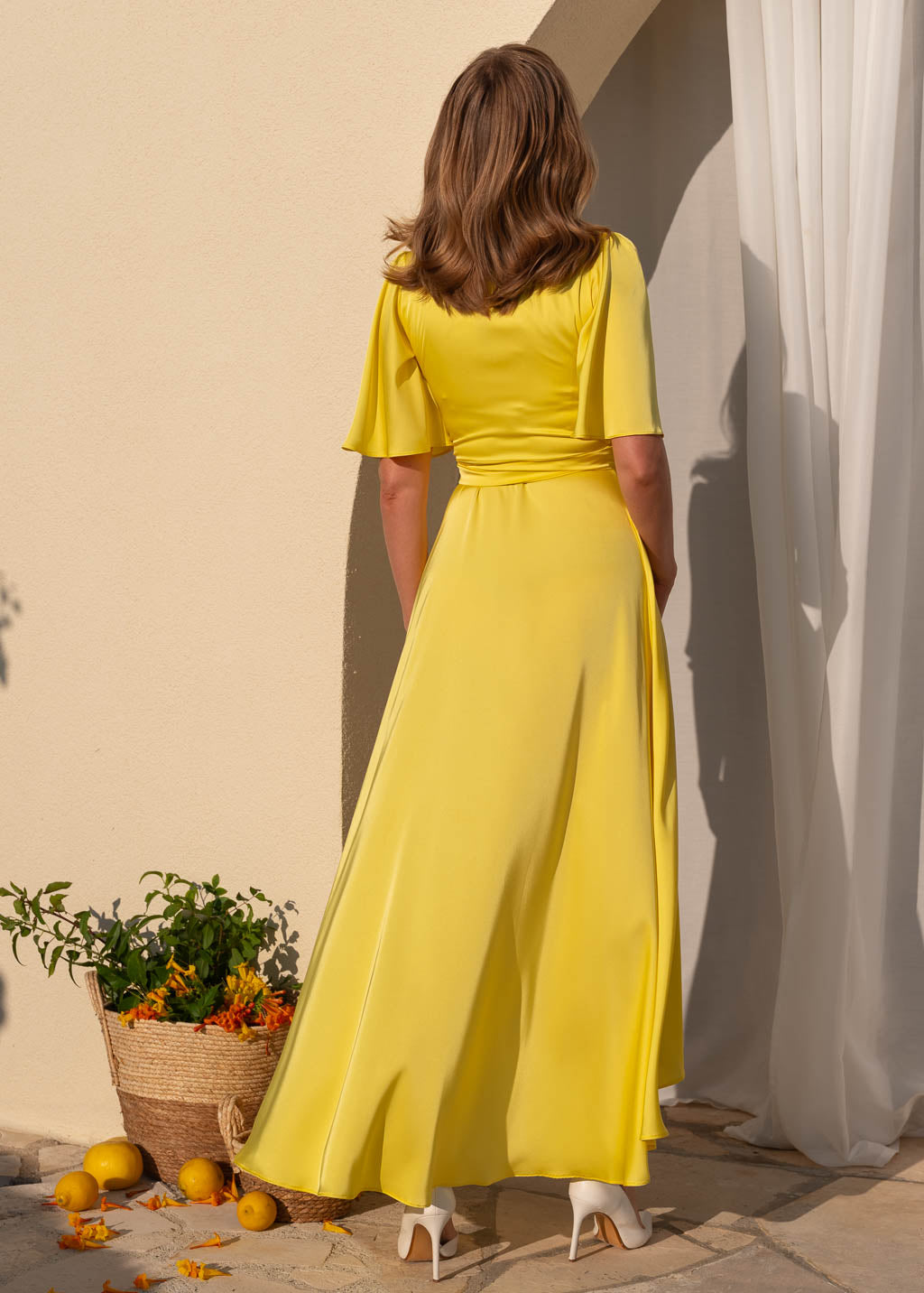 Lemon yellow silk long wrap dress