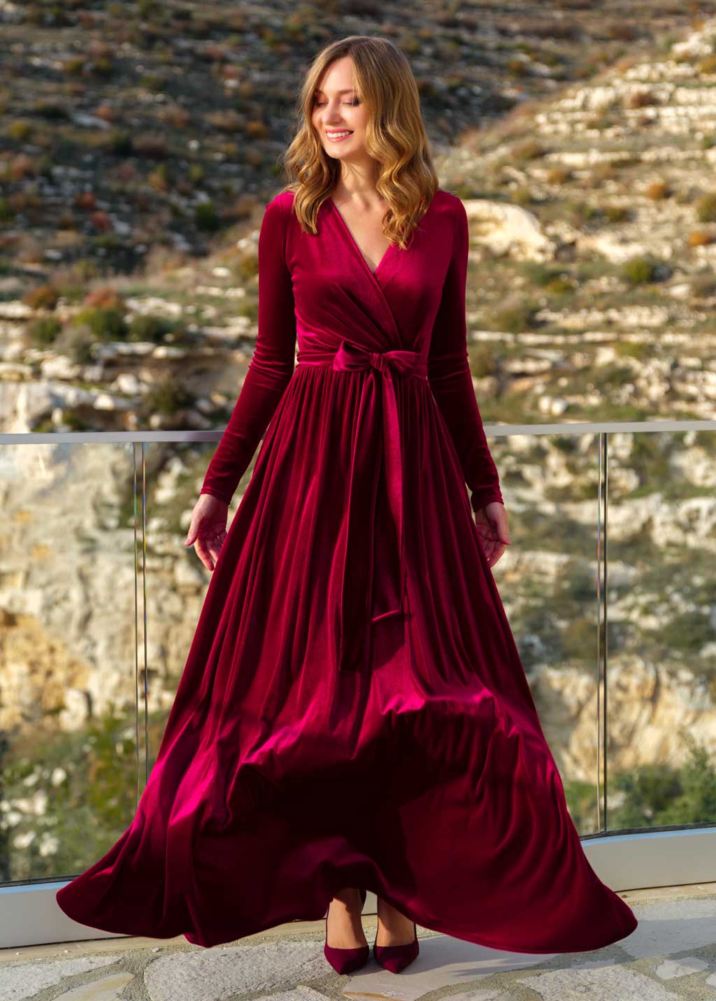 Burgundy velvet long dress with belt