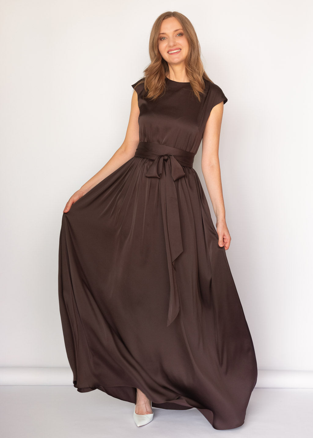 Chocolate Brown Silk Long Dress with Belt