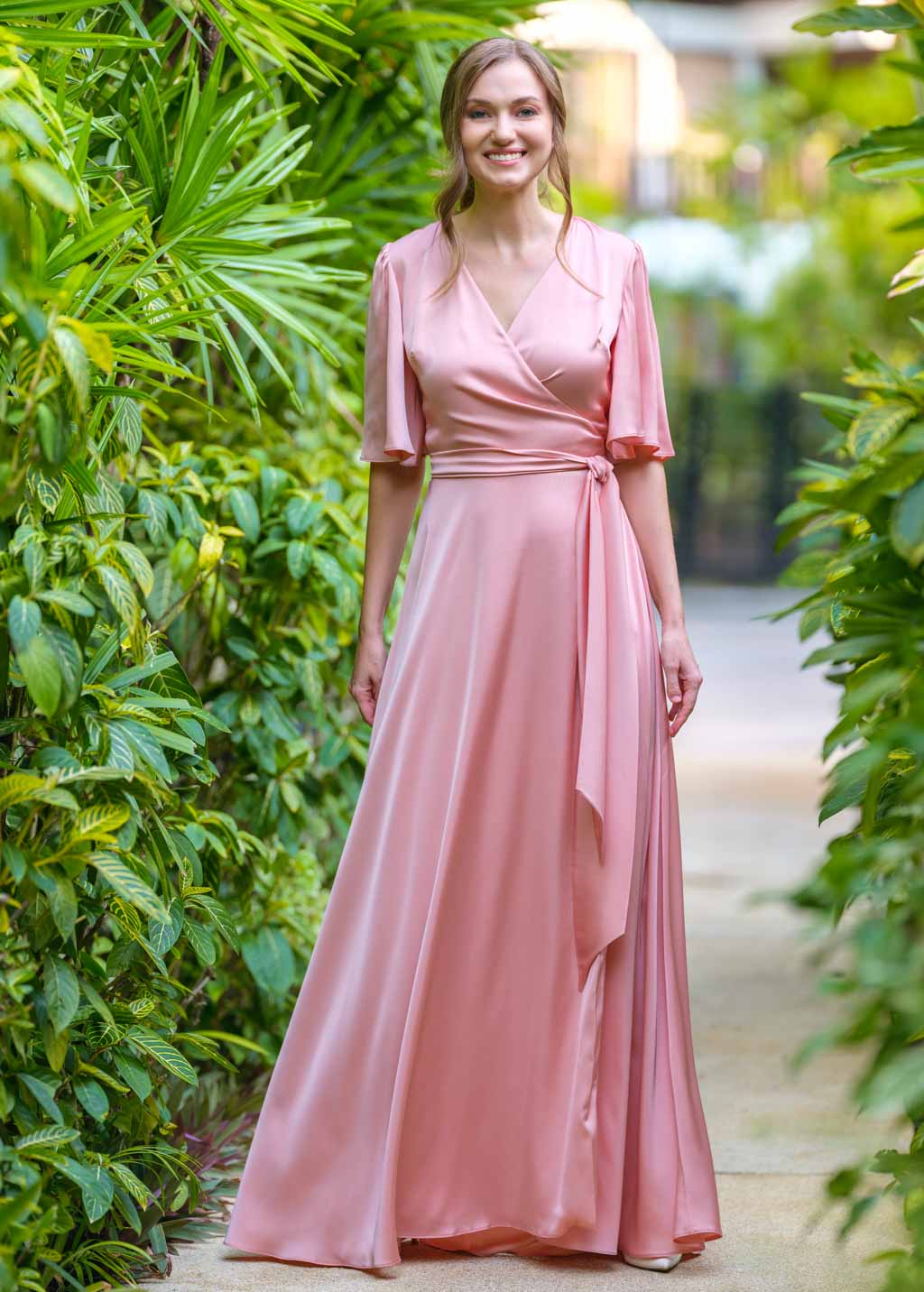 Blush pink wrap long silk dress