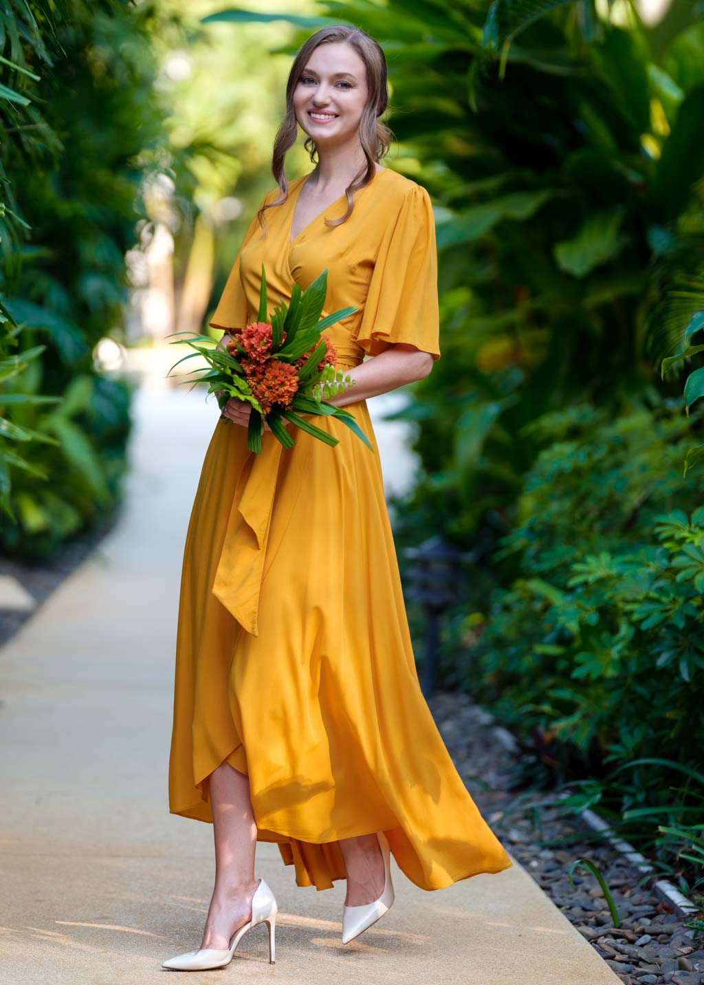 Honey yellow romantic wrap dress
