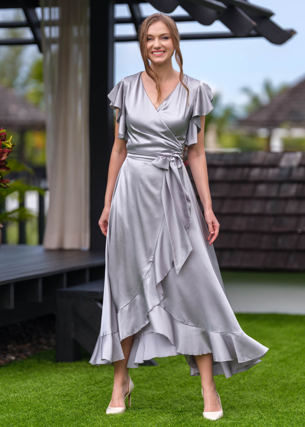 Silver Grey wrap silk dress