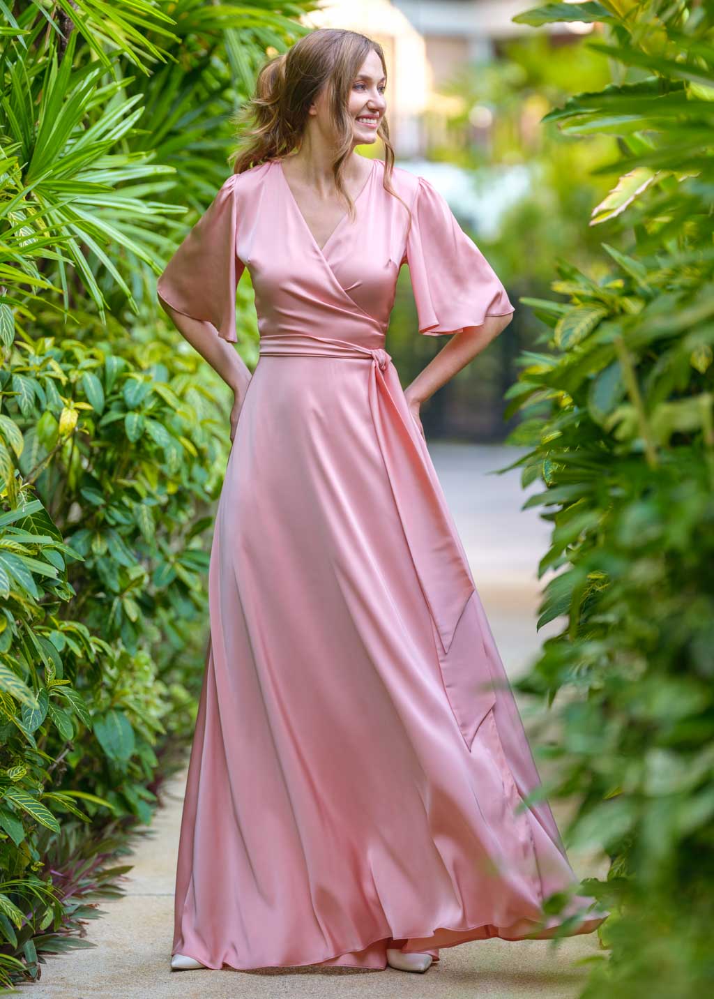 Blush pink wrap long silk dress