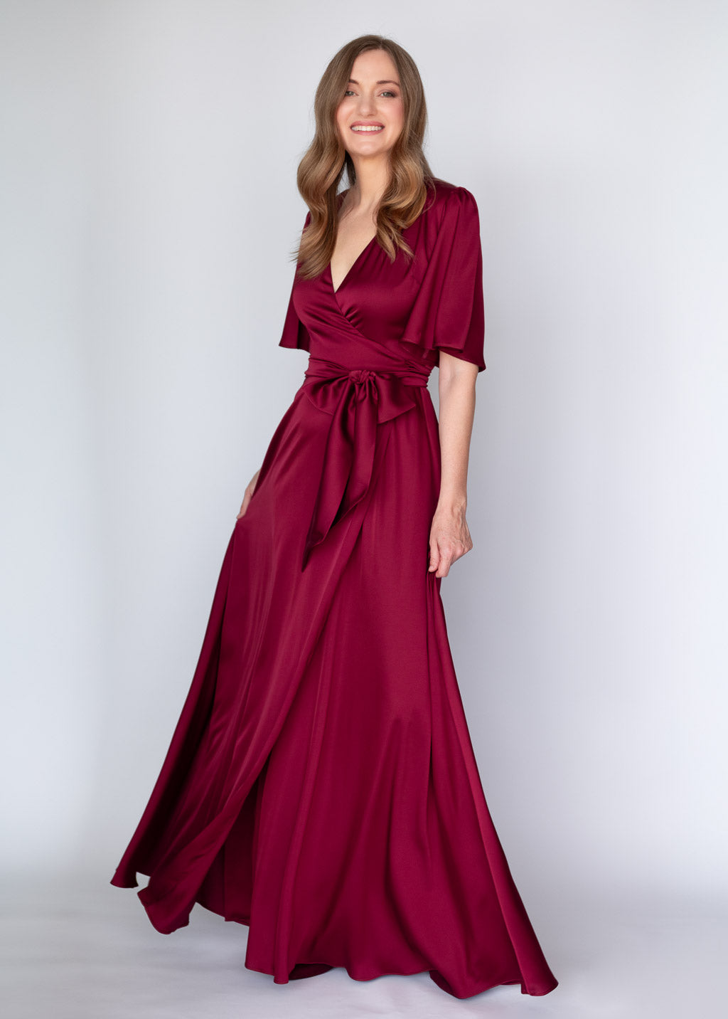 Burgundy Silk Wrap Long Dress