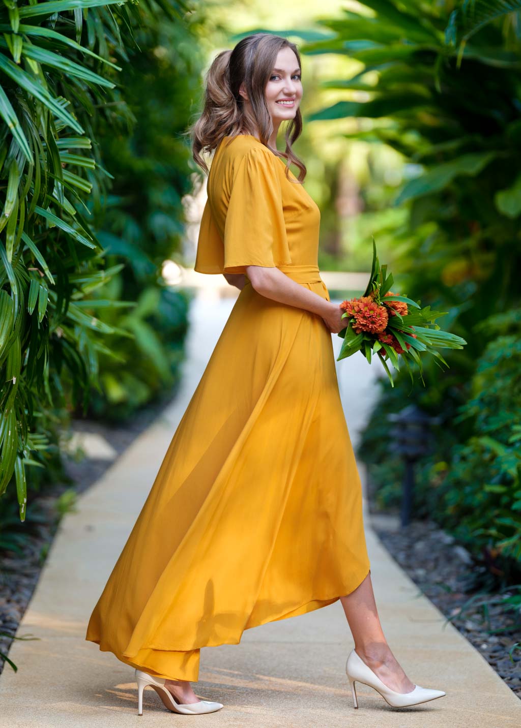 Honey yellow romantic wrap dress