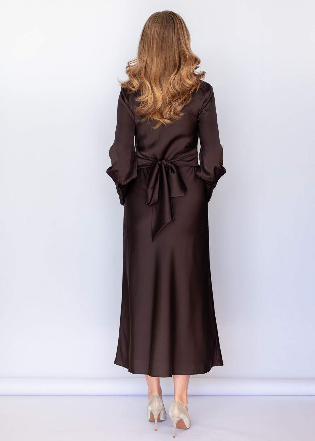 Chocolate Brown Silk Long Sleeve Midi Dress