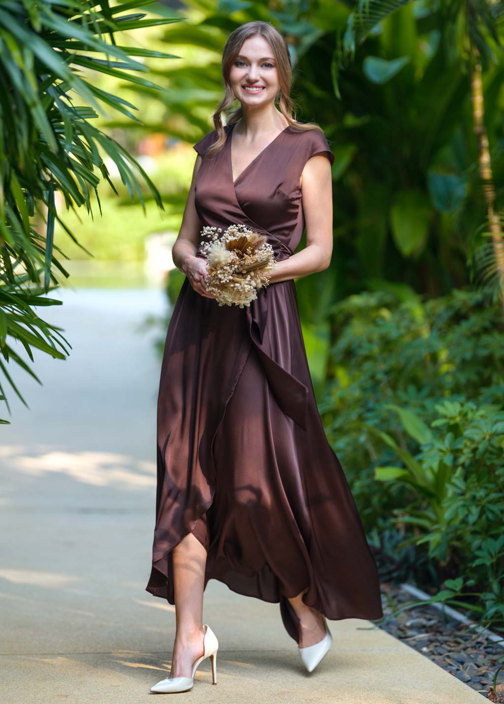 Chocolate brown romantic wrap dress
