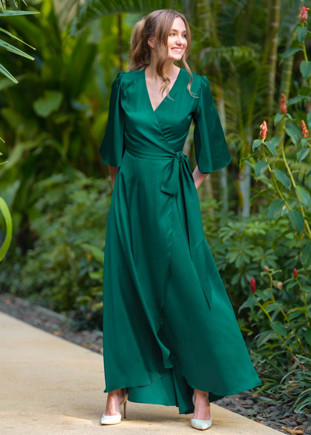 Emerald green silk long wrap dress
