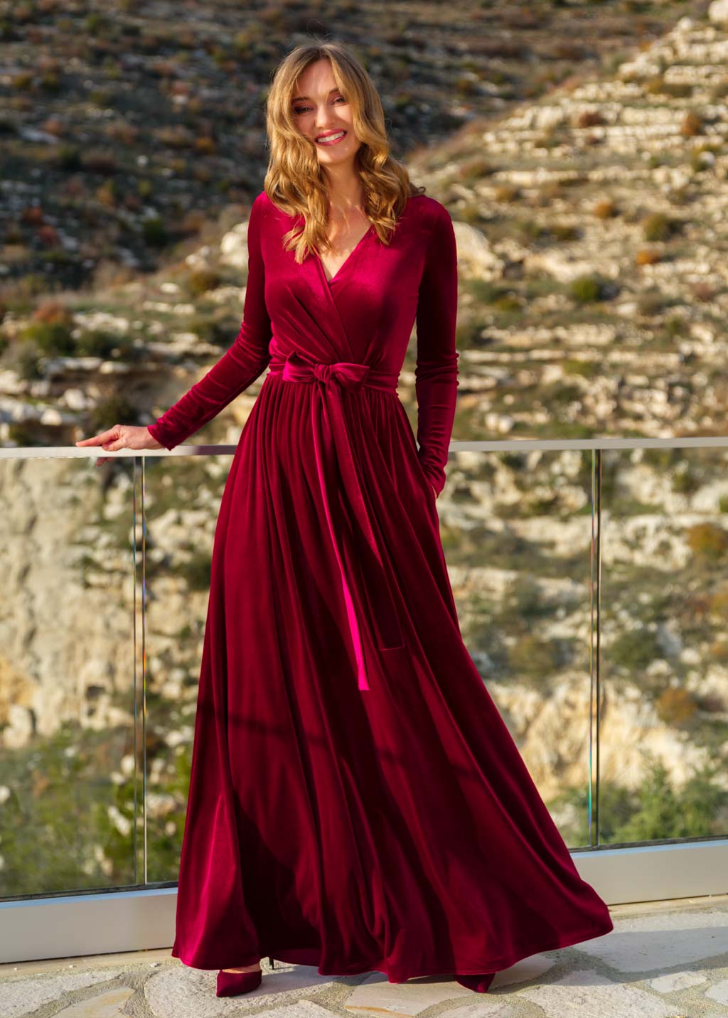 Burgundy velvet long dress with belt