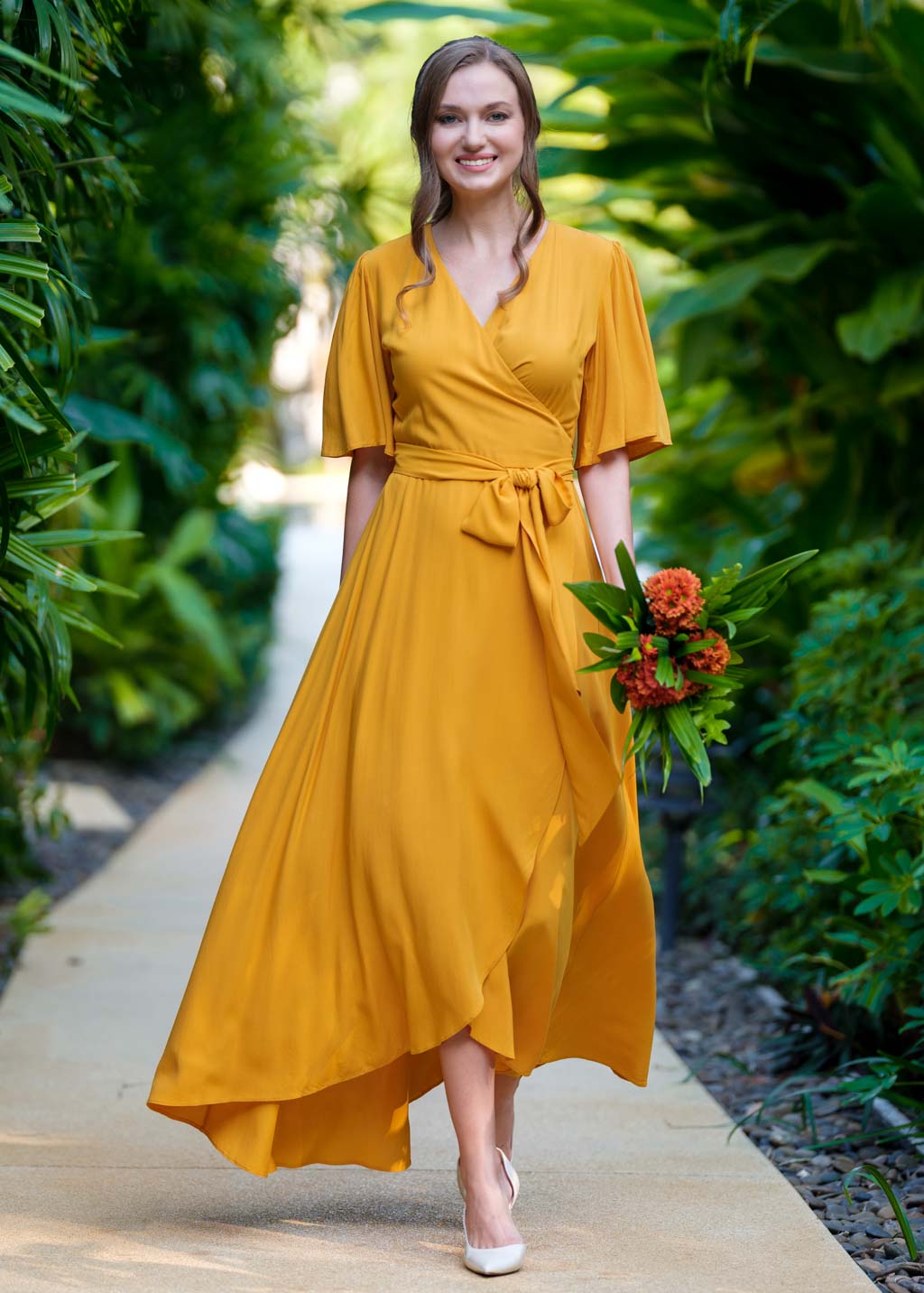 Honey yellow romantic wrap dress