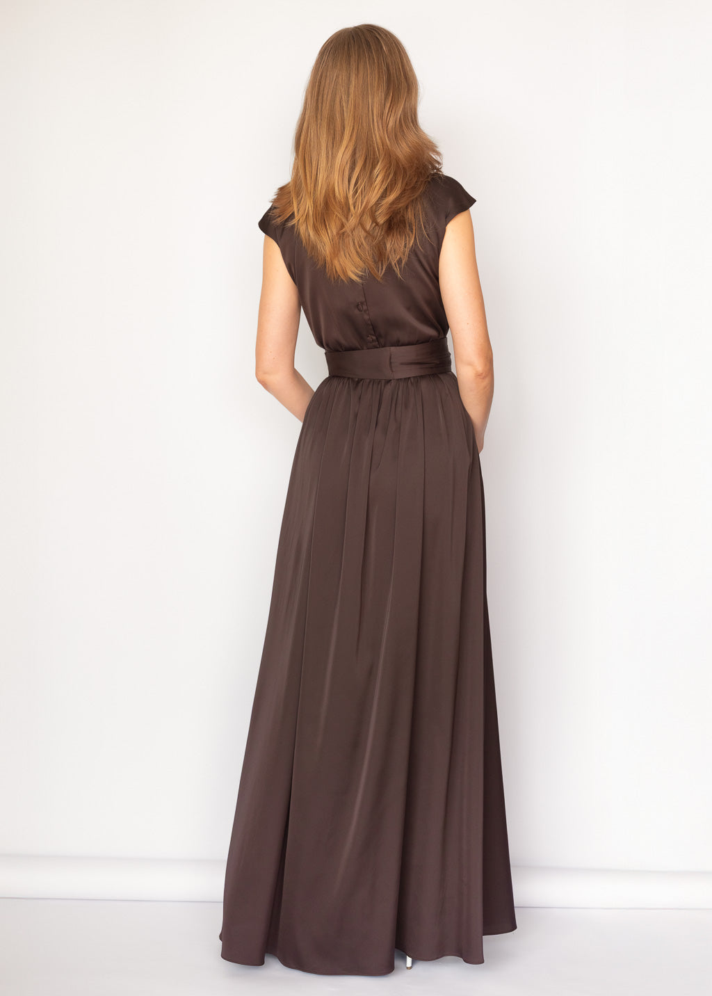 Chocolate Brown Silk Long Dress with Belt