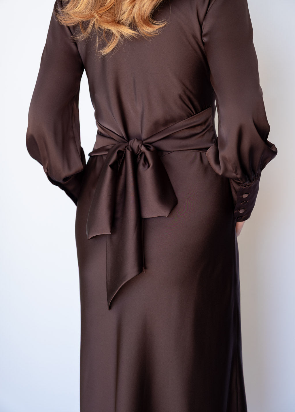 Chocolate Brown Silk Long Sleeve Midi Dress