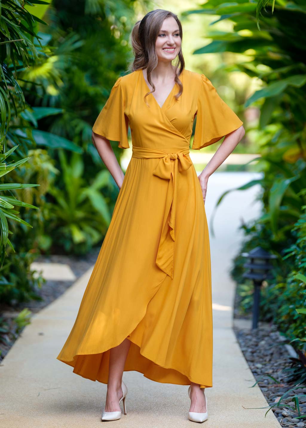Honey yellow romantic wrap dress