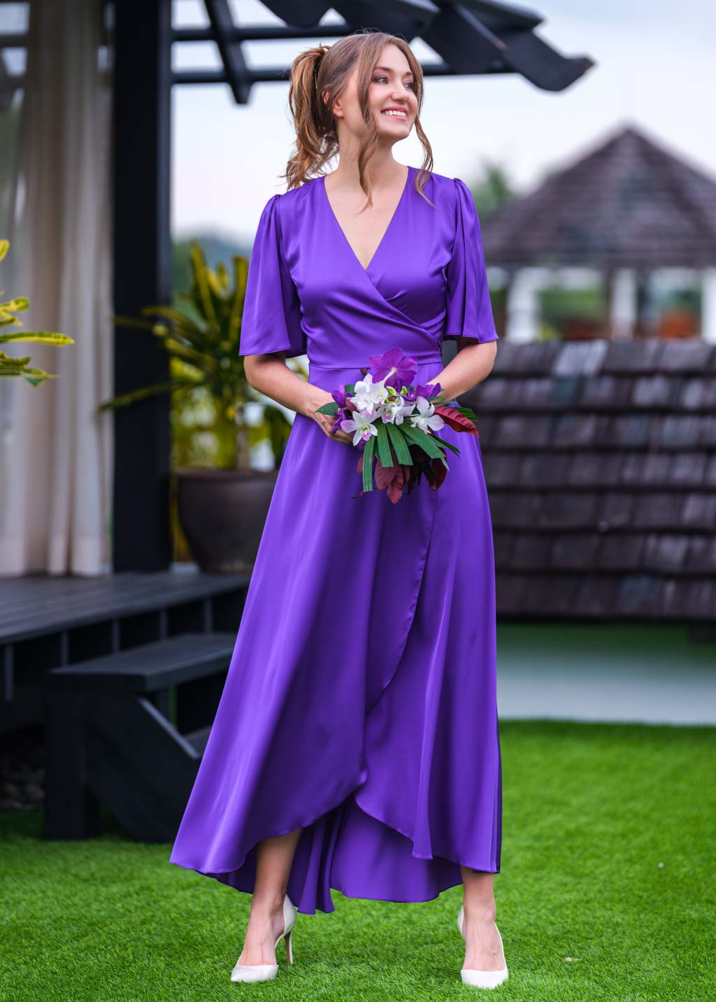 Purple silk long wrap dress
