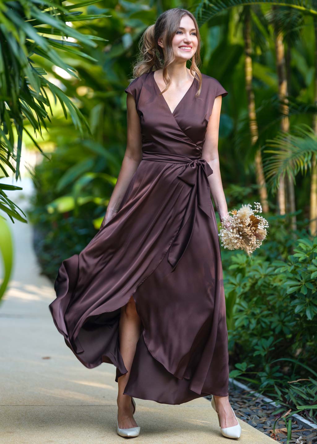 Chocolate brown romantic wrap dress