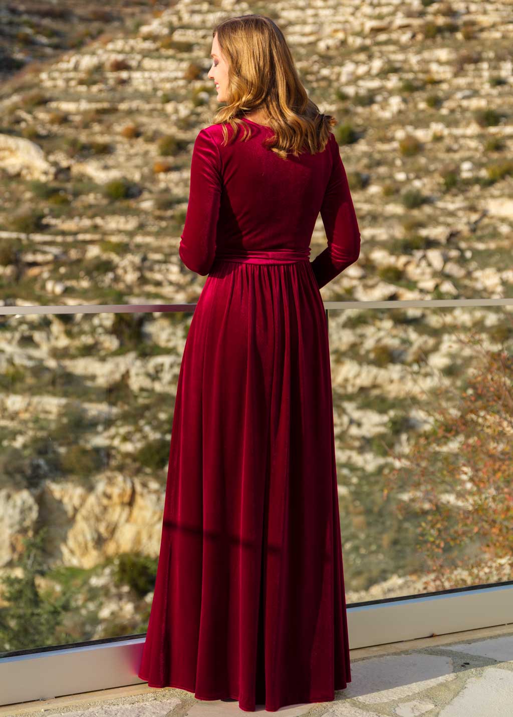 Burgundy velvet long dress with belt