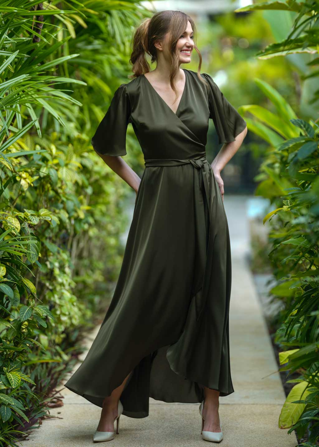Dark olive silk long wrap dress Dark olive silk long wrap dress