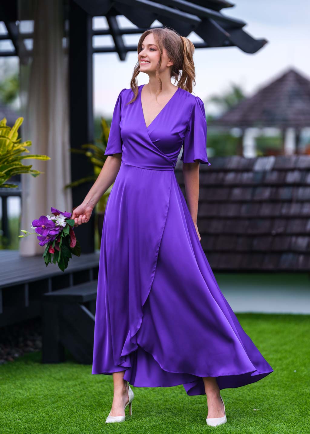 Purple silk long wrap dress