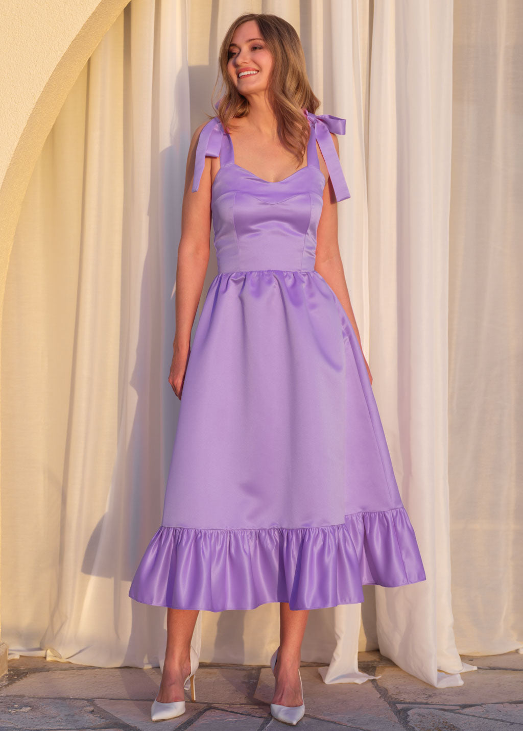 Luxury satin lilac mid-calf dress