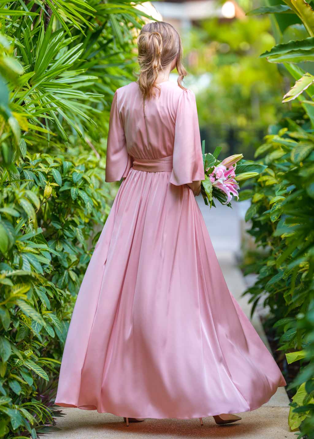 Blush pink silk dress with belt
