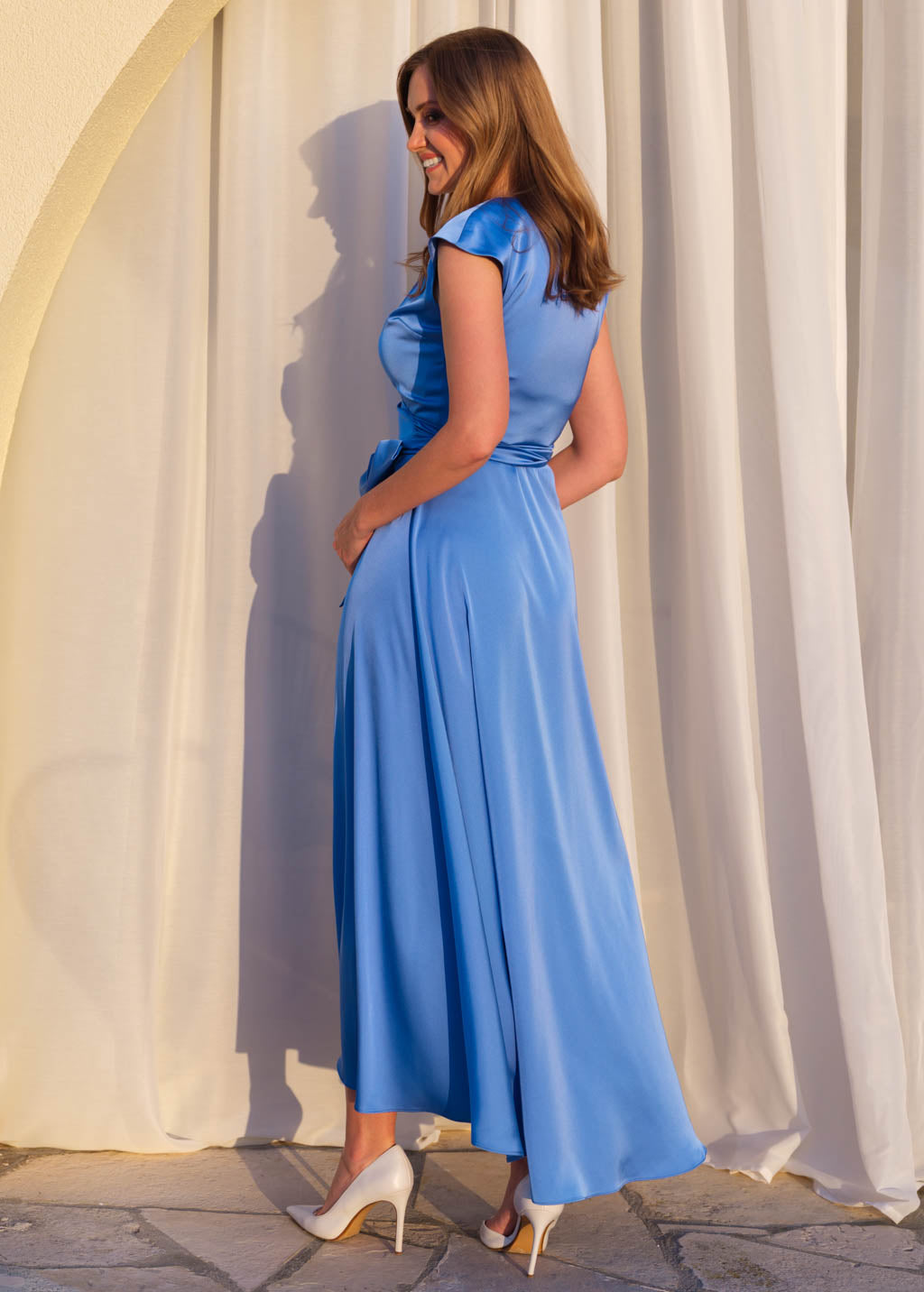 Blue romantic silk wrap dress