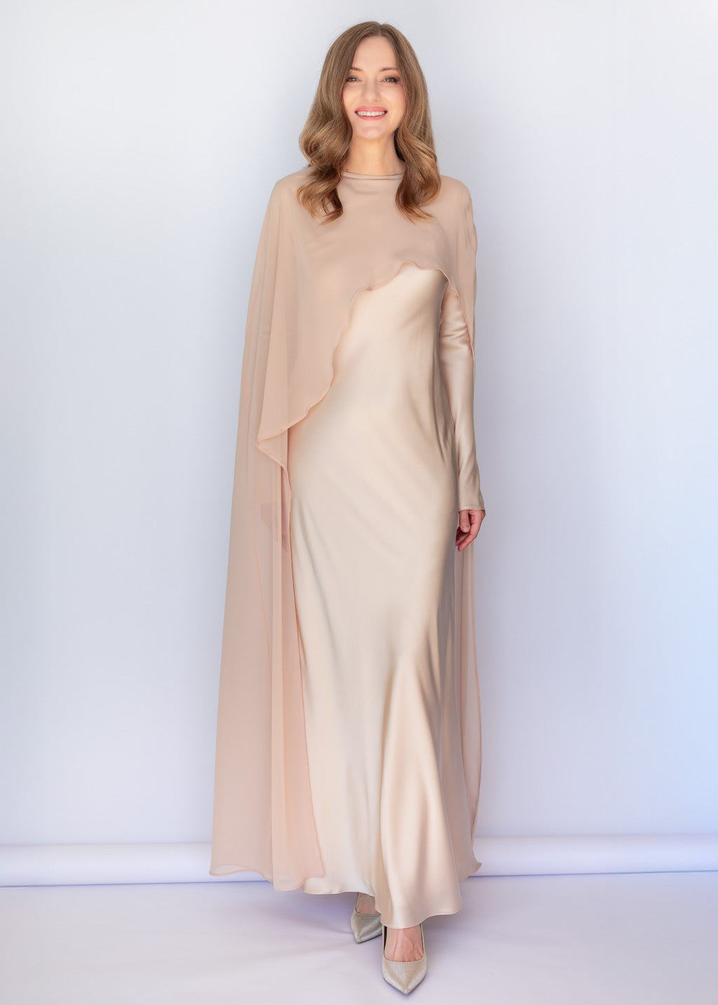 Bias Cut Light Champagne Maxi Silk Dress with Long Sleeves & Detachable Cape