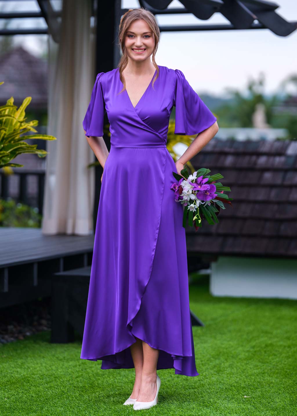 Purple silk long wrap dress