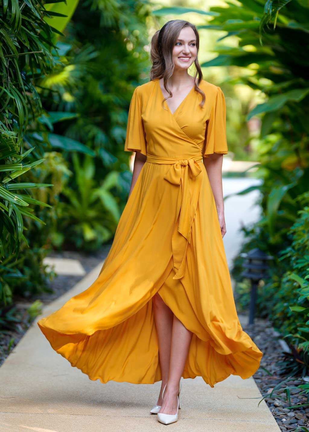 Honey yellow romantic wrap dress