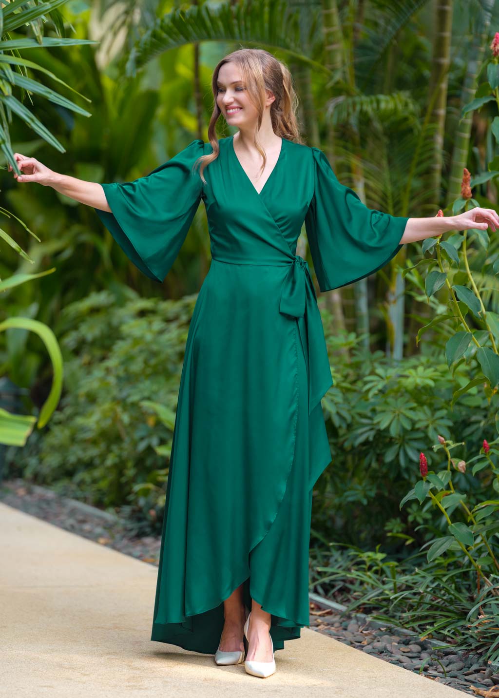 Emerald green silk long wrap dress