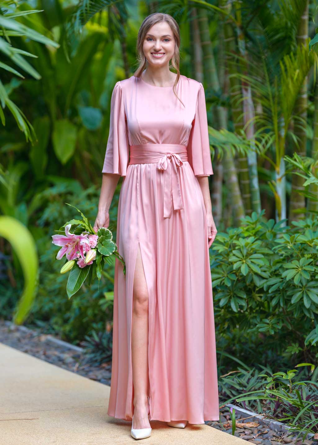 Blush pink silk slit dress with belt