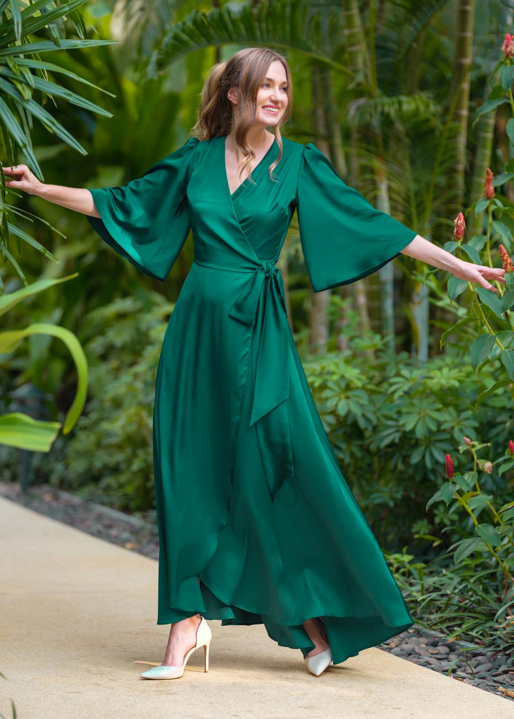 Emerald green silk long wrap dress