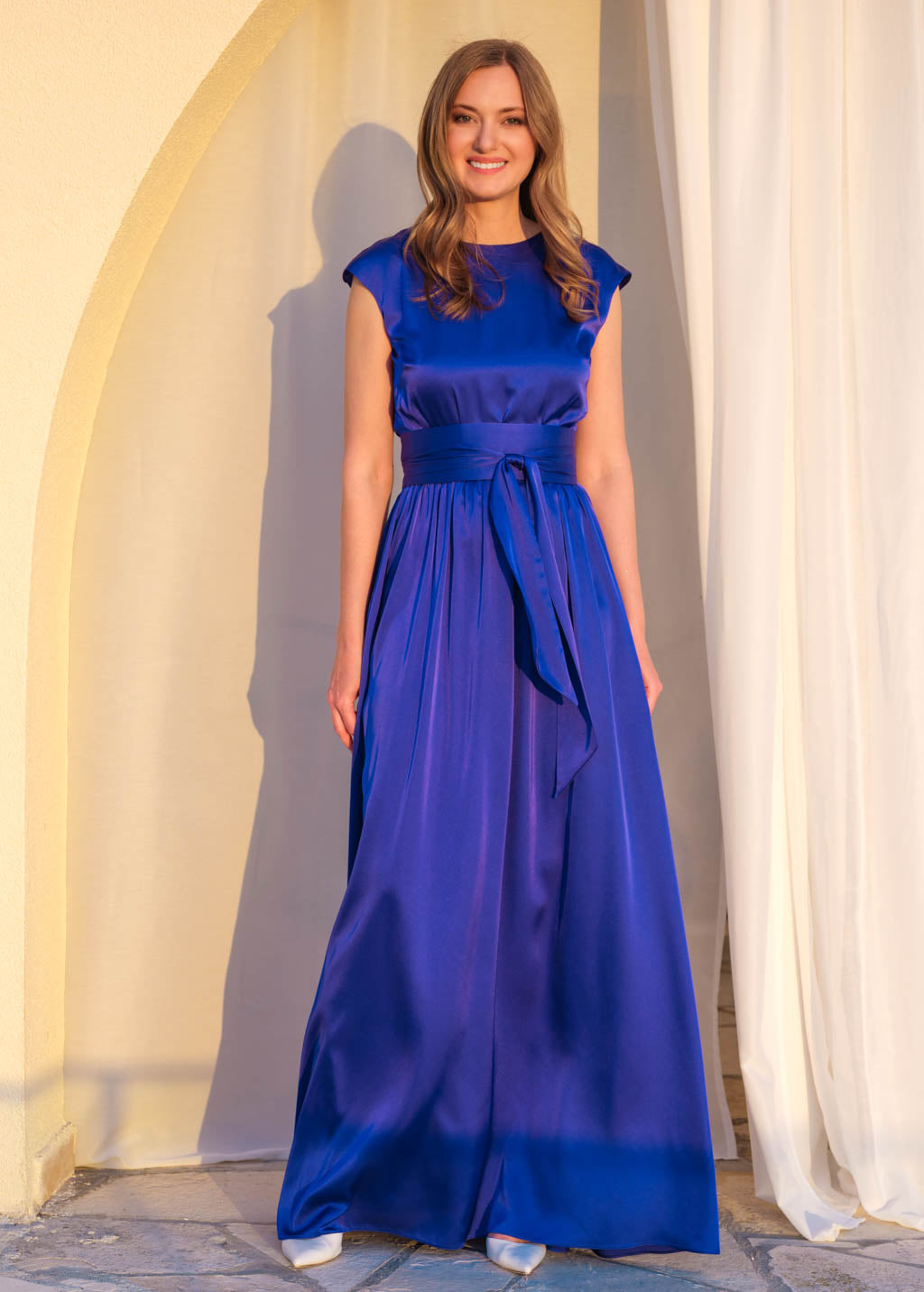 Silk royal blue dress with belt