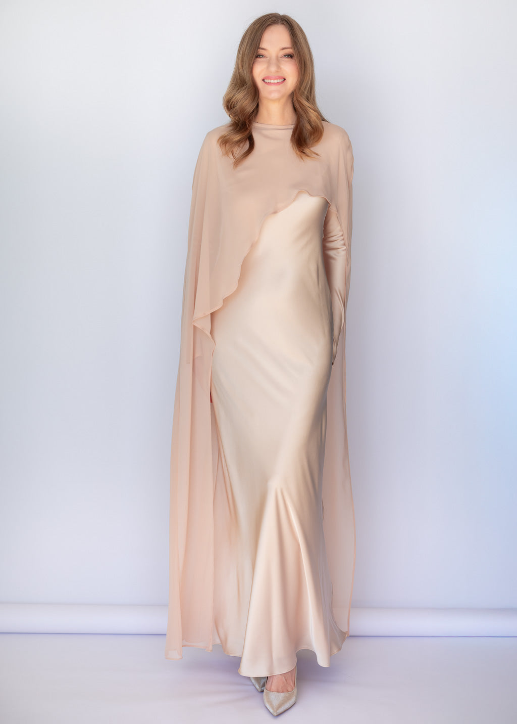 Bias Cut Light Champagne Maxi Silk Dress with Long Sleeves & Detachable Cape
