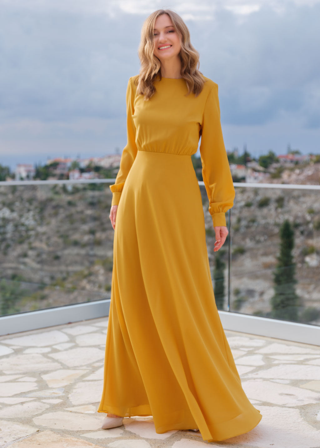 Gold chiffon long dress