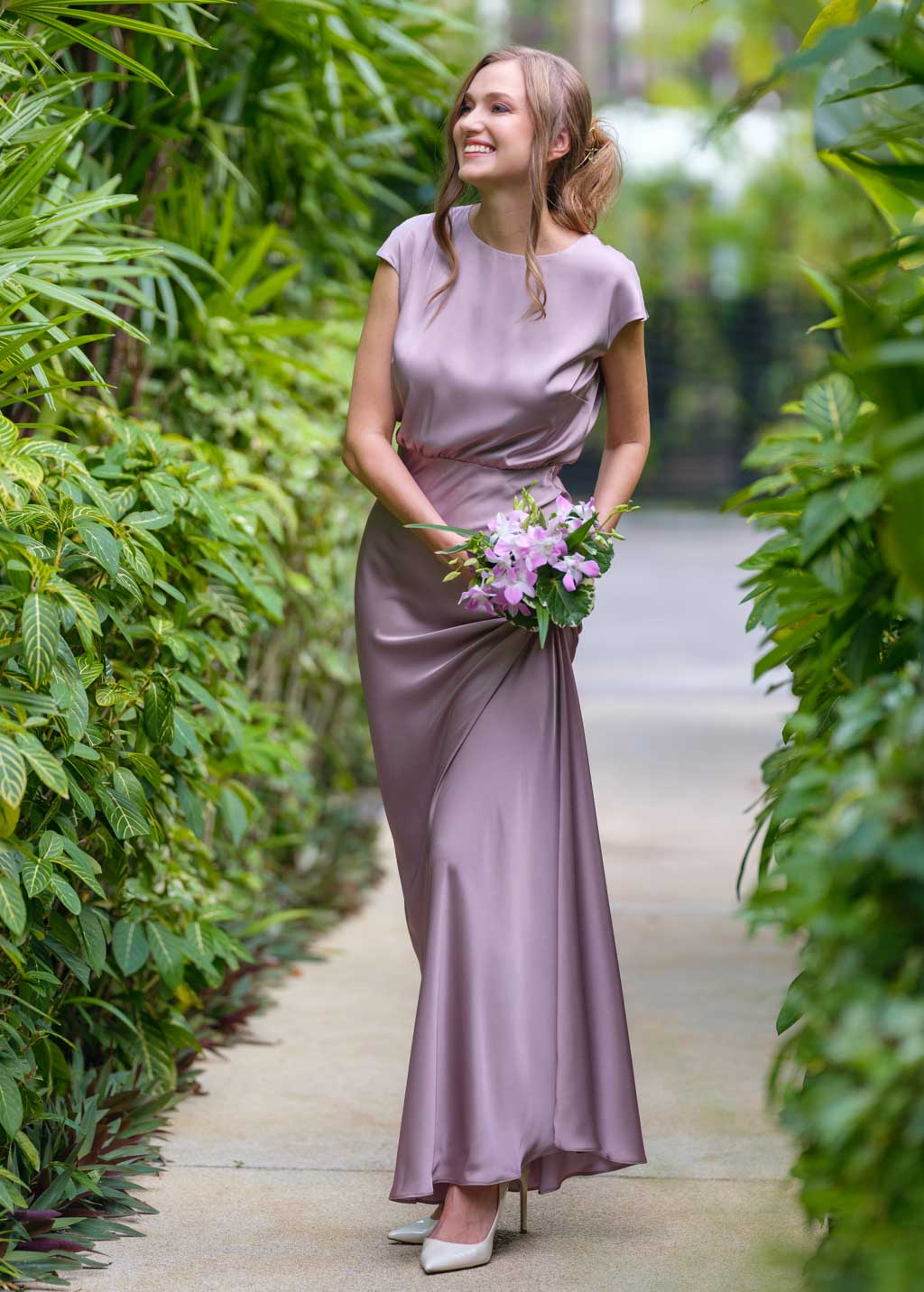 taupe silk dress Women's DOORBUSTER Metallic Moment Asymmetric Satin Midi Dress in Taupe