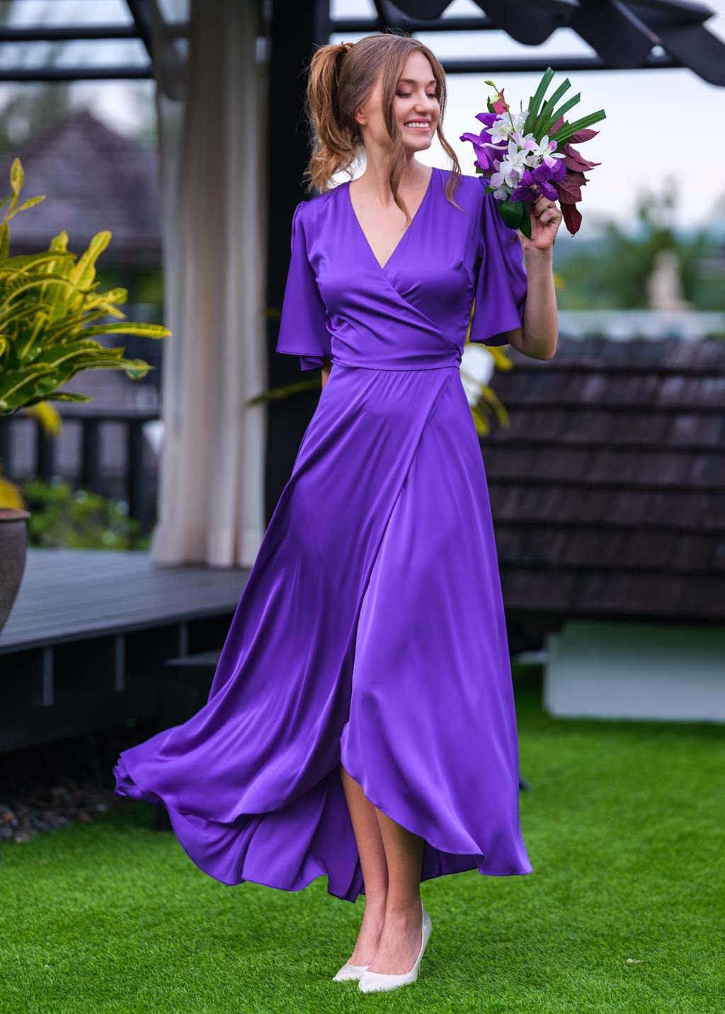 Purple silk long wrap dress