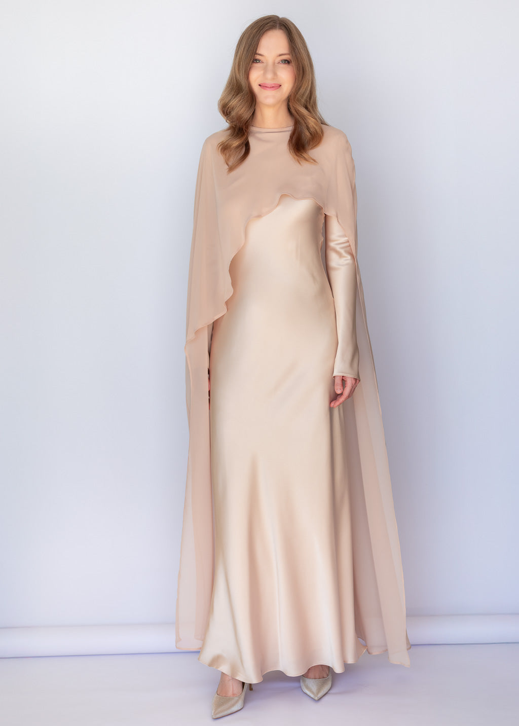 Bias Cut Light Champagne Maxi Silk Dress with Long Sleeves & Detachable Cape